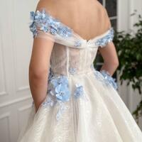 off the shoulder flowers Ivory lace a line prom dresses - Thumbnail 1