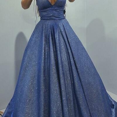 Simple v neck long sequin blue prom dresses,evening dresses - Thumbnail 4