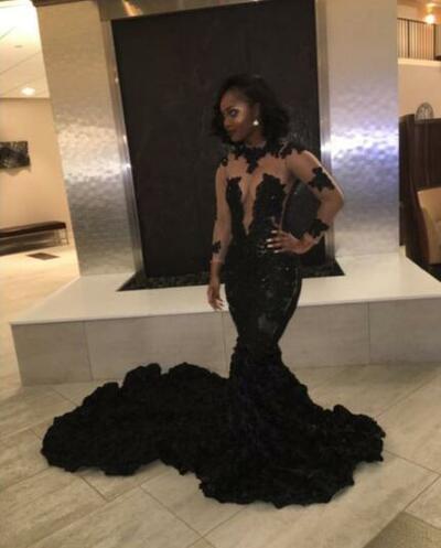 Mermaid long sleeves sexy black prom dress