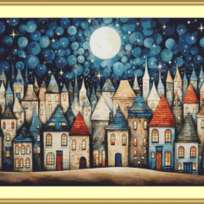 Moonlit houses cross stitch pattern