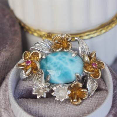 Natural larimar pendant flower basket design 925 sterling silver pendant vintage feeling
