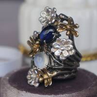 Jardin @ Minuit~Natural Blue Spphire and Moonstone Ring Extrodinary 925 Sterling Silver Ring US size 6 Ring for Women - Thumbnail 3