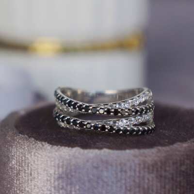 Natural Black Spinel and White Topaz 925 Sterling Silver Ring   ( US size 6 ) August and November Birthstone Ring for Women