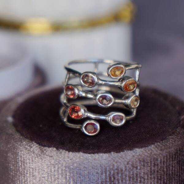 Stylish multi-color Sapphire Ring 925 Sterling Silver Rhodium Plated Yellow/Orange/Red/Purple Sapphire Sep. Birthstone US 5.5 Ring