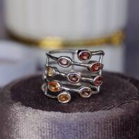 Stylish multi-color Sapphire Ring 925 Sterling Silver Rhodium Plated Yellow/Orange/Red/Purple Sapphire Sep. Birthstone US 5.5 Ring - Thumbnail 1