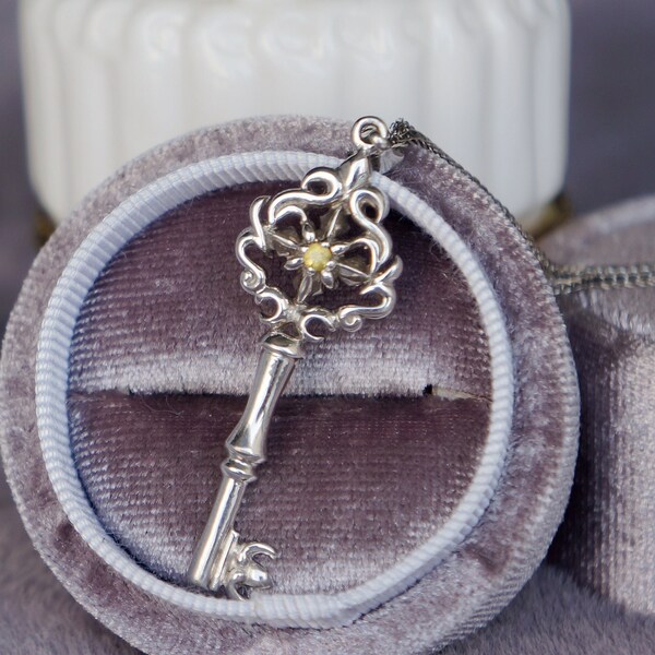 Vintage Key Pedant Sterling Silver Pendant Yellow Sapphire Pendant Gift for Wife for Women for Girlfriend for Daughter September birthstone