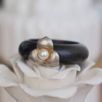 Natural Elements: Fragrant Black Ebony Wooden Ring With 925 Sterling Silver Flower and Freshwater Pearl Ring US size 8 - Thumbnail 2