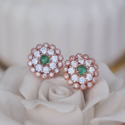 Floral design cz double halo natural emerald cab earstuds 925 sterling silver stud earrings plated in pink gold may birthstone