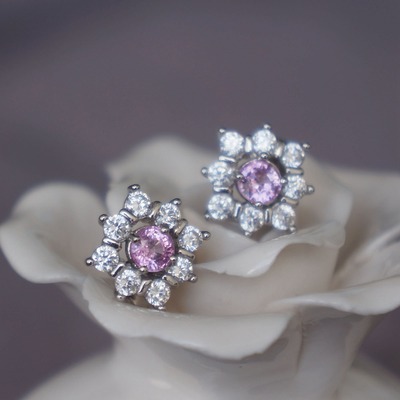 Sparkling natural pink sapphire cz halo earstuds 925 sterling silver stud earrings sparkling pink sapphire gift for women for girlfriend