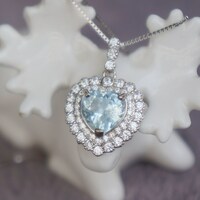 Elegant Double Halo Heart Shape Natural Aquarmarine Pendant 925 Sterling Silver Pendant for Girl(free silver necklace gift) - Thumbnail 2