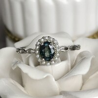 Simple Natural Teal Sapphire Ring 925 Sterling Silver Ring with Shell Pearl Halo September Birthstone Ring for Women US size 6.5 - Thumbnail 1