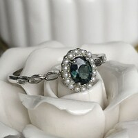 Simple Natural Teal Sapphire Ring 925 Sterling Silver Ring with Shell Pearl Halo September Birthstone Ring for Women US size 6.5 - Thumbnail 2