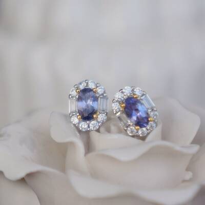 Elegant cz halo natural tanzanite earstuds 925 sterling silver stud earrings gift for girlfriend for birthday