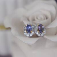 Elegant CZ Halo Natural Tanzanite Earstuds 925 Sterling Silver Stud Earrings Gift for girlfriend for Birthday - Thumbnail 3
