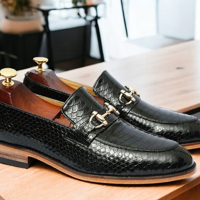 Men's black python leather horse bit handmade loafer shoes
