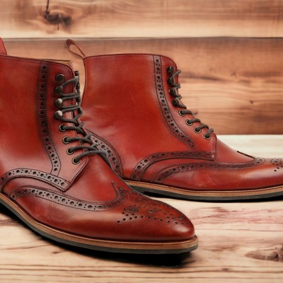 Handpainted red leather lace up wing tip brogue men's boot