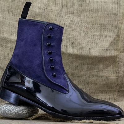  men's black leather & blue suede handpainted button boot