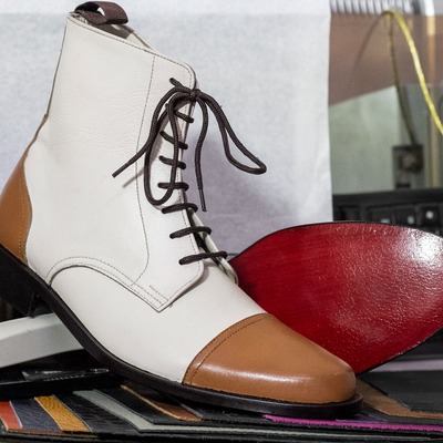 Two tone leather men's lace up handmade derby cap toe ankle boot