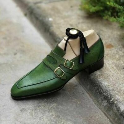Handmade Green Double Monk Strap Formal Dress Shoes For Mens