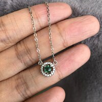 CZ Halo Natural Teal Sapphire Necklace 925 Sterling Silver Blue Green Sapphire 4mm Round Excellent Color and Brilliance Gift for Girls - Thumbnail 5