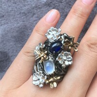 Jardin @ Minuit~Natural Blue Spphire and Moonstone Ring Extrodinary 925 Sterling Silver Ring US size 6 Ring for Women - Thumbnail 5