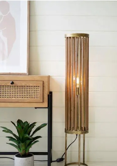 Round Brass & Wood Cylinder Floor Lamp - CLL2581