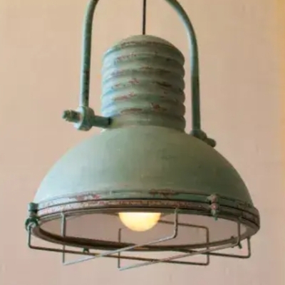 Antique turquoise pendant light with glass and wire cage 13"d x 19"t - cla1098