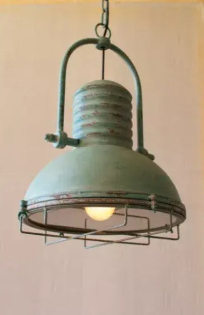 Antique Turquoise Pendant Light With Glass And Wire Cage 13"D X 19"T - CLA1098