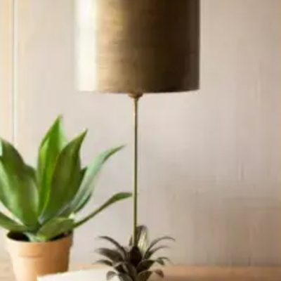 Antique gold metal table lamp w leaf accent and metal shade - cll2436