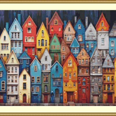 Colourful houses cross stitch pattern