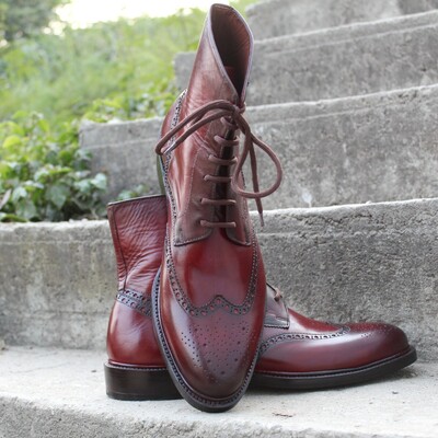 Crafted leather handcrafted men burgundy leather ankle high wingtip dress lace up boot - Thumbnail 4