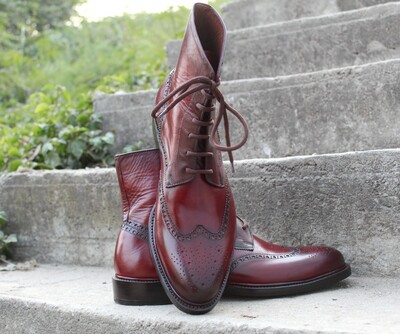 Crafted Leather Handcrafted Men Burgundy Leather Ankle High Wingtip Dress Lace up Boot