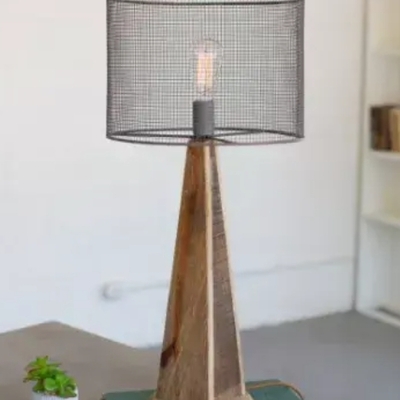 Table lamp - mesh shade with wooden base. tall 14"d x 31"t - cq7366