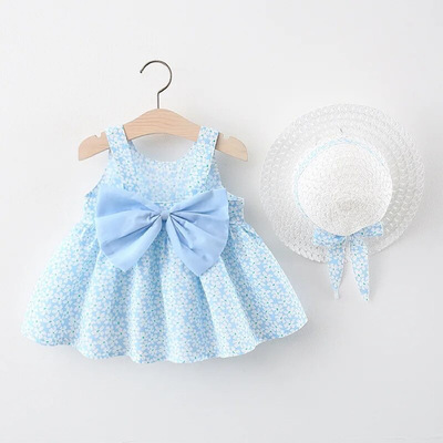 Baby and toddler girl floral dress cotton summer spring easter dress with bow and straw hat set free shipping
