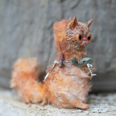 Orange cat art doll, unique and one of a kind mixed media artdoll made from polymer clay, fabric, and other materials