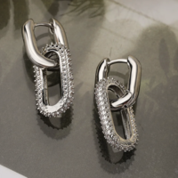 Stainless Steel Crystal Accent Oval Link Hoops  - Thumbnail 1