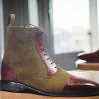Handmade Men's Brown Suede & Red Leather Laceup Cap Toe Ankle Boot - Thumbnail 1