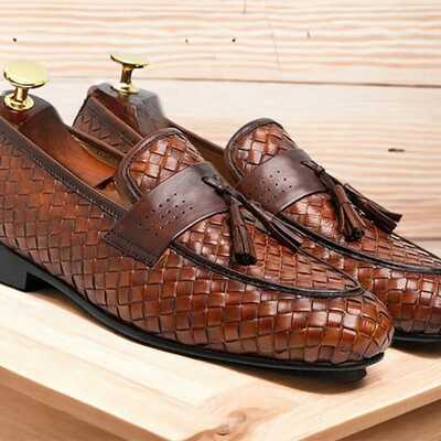 Handmade men's loafer brown tassel apron toe fashion woven leather designer shoes - Thumbnail 3