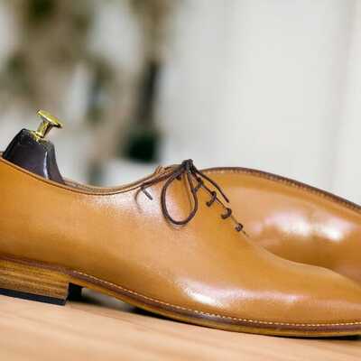 Handmade men's brown leather lace up plan toe formal shoes - Thumbnail 1