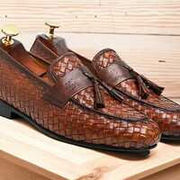 Men's Loafer Brown Tassel Apron Toe Fashion Handmade Designer Woven Leather Shoes  - Thumbnail 1