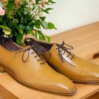 Handmade Brown Leather Laceup Plan Toe Men's Formal Shoes - Thumbnail 1