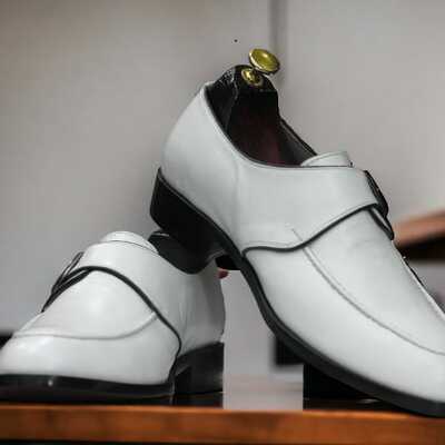 Men's handmade white color dress fashion monk strap leather shoes - Thumbnail 2