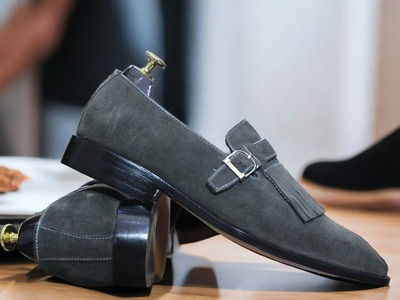 Handmade Men's Gray Singal Monk Buckle Suede Fringe Formal Shoes