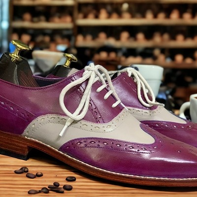 Handmade men's two tone leather laceup wing tip dress shoes - Thumbnail 4