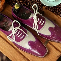 Handmade Men's Two Tone Leather Laceup Wing Tip Dress Shoes - Thumbnail 1