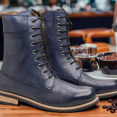 Handmade men's blue laceup zipper leather ankle high boot - Thumbnail 4