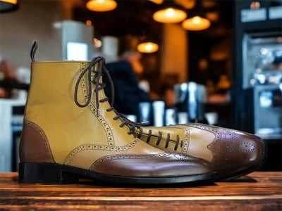 Handmade Leather Men's Two Tone Laceup Wing Tip Ankle Boot