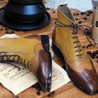 Handmade Leather Men's Two Tone Laceup Wing Tip Ankle Boot - Thumbnail 1