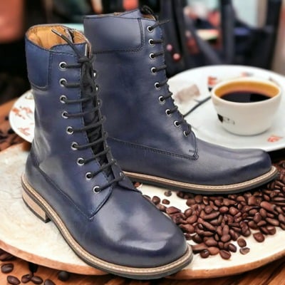 Handmade men's blue laceup zipper leather ankle high boot - Thumbnail 1