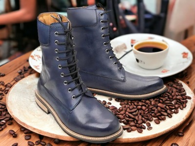 Handmade Men's Blue Laceup Zipper Leather Ankle High Boot